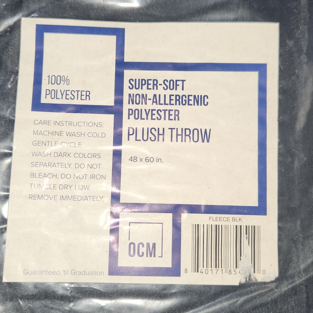 NEW!! OMC PLUSH THROW-non Allergenic 48 X 60 Black
